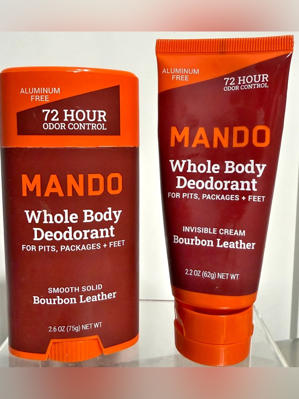 2 x MANDO Whole Body Deodorant BOURBON LEATHER Cream & Solid 72hr Odor Control